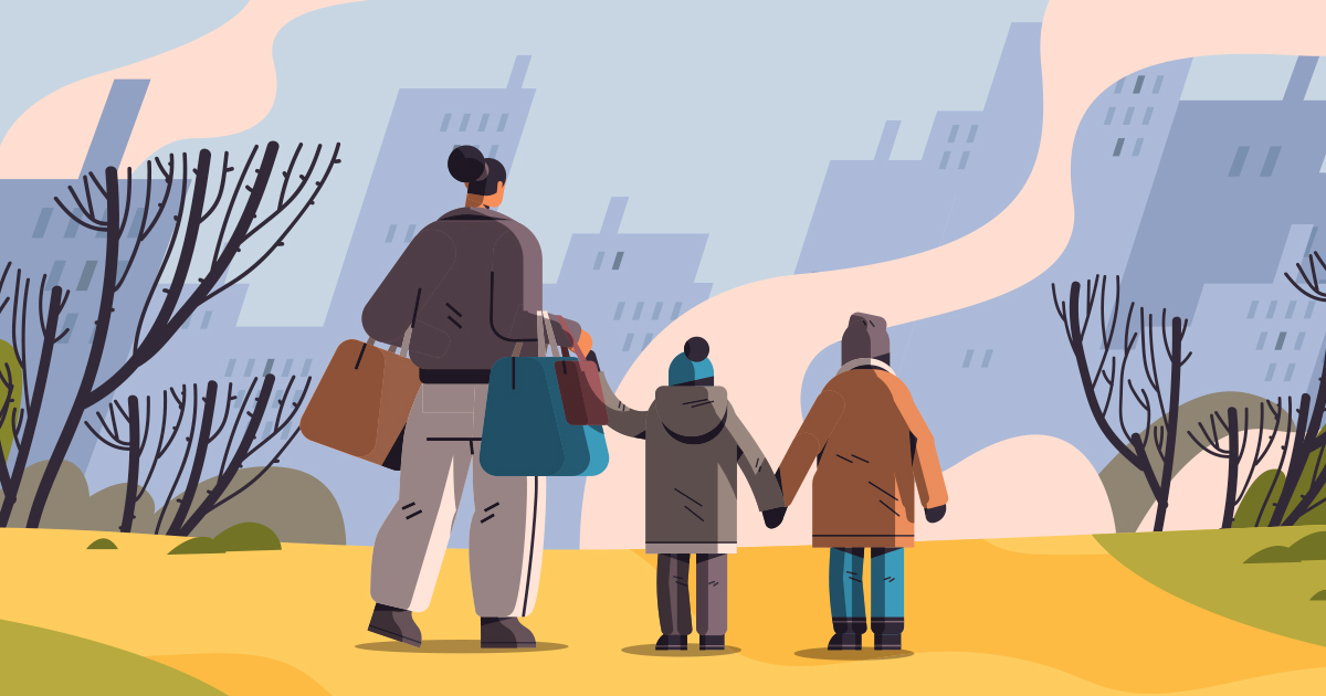 Illustration: mother and two kids walk away holding hands